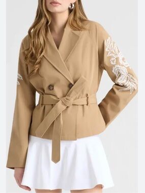 NVLT Contemporary Embroidered Belted Cropped Trench Jacket Beige Size M